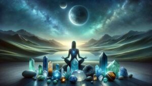 A serene and mystical landscape scene showing a person in a meditative pose under a starry night sky, with the planet Mercury brightly visible. The individual is encircled by softly glowing crystals like Aquamarine, Blue Topaz, and Citrine, set against a backdrop of deep blues, greens, and golden hues, symbolizing the journey through Mercury retrograde aided by the power of crystals.