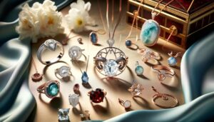 An array of Aries birthstone jewelry including diamond rings, clear quartz pendants, bloodstone bracelets, and aquamarine necklaces elegantly arranged on a silk fabric.