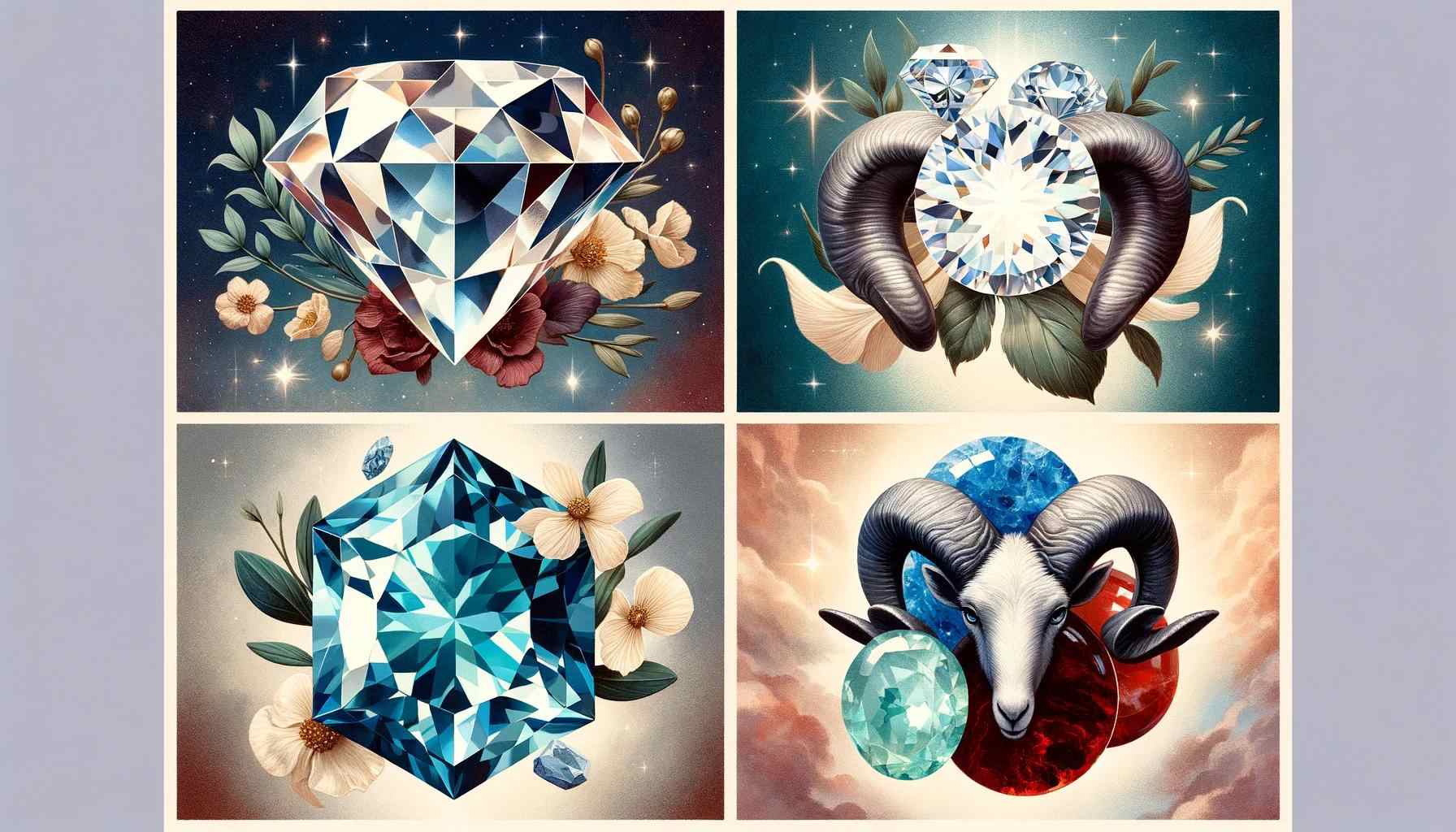 Aries birthstones - diamond, clear quartz, aquamarine, bloodstone