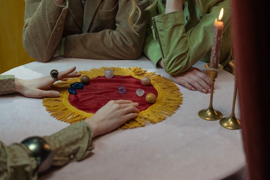 Mystical crystal healing session with candlelight