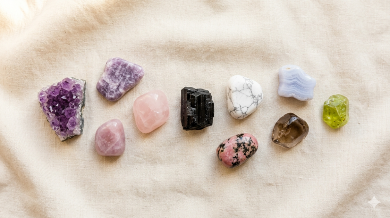 A curated flat-lay arrangement of healing crystals for anger on a soft, natural linen