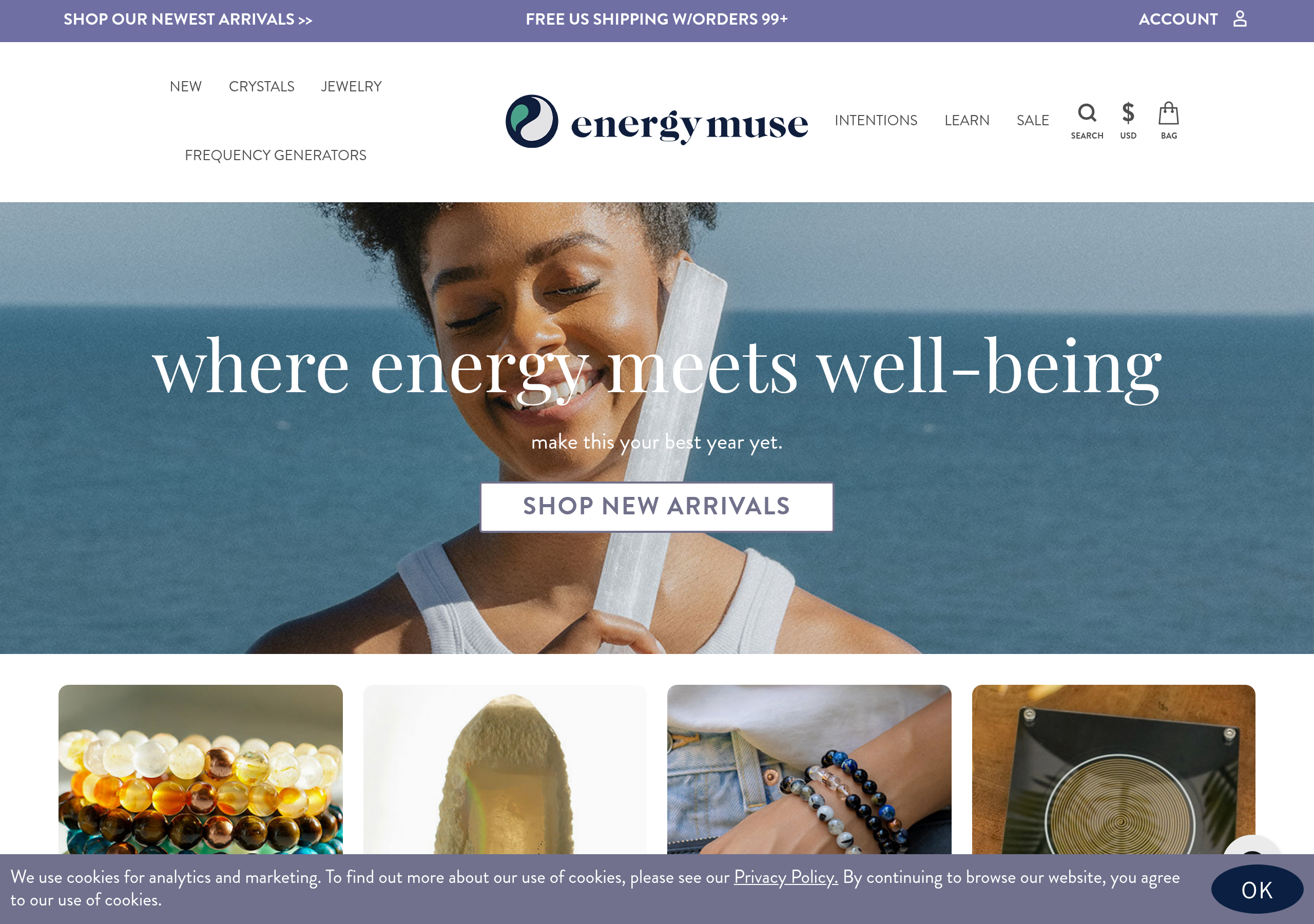 Energy Muse homepage — premium crystal jewelry brand